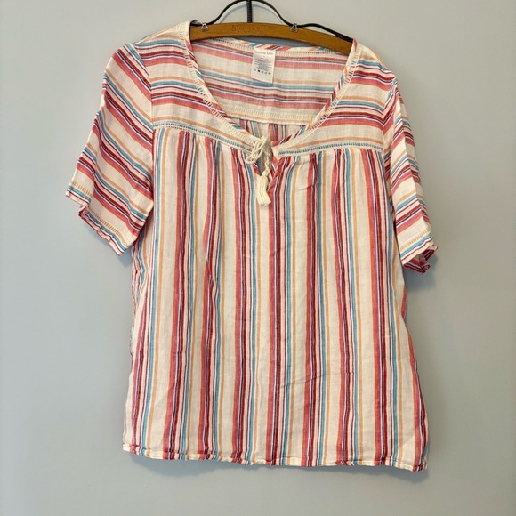 Lands’ End Women’s 100% Linen Striped Short Sleeve Top - Size 14 - Picture 1 of 6